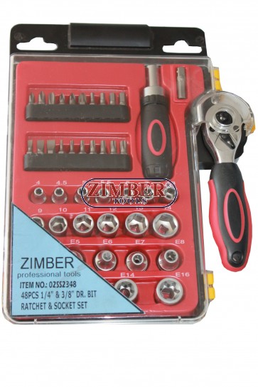 Ratchet & socket set 6-poit and E-star socket 1/4" и 3/8" - 48pcs. - (ZR-02SS2348) - ZIMBER TOOLS