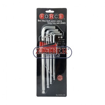 9pc Hex ball point extra long key set Inch - 5093XLBS - FORCE